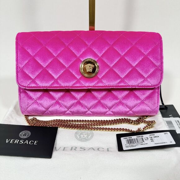 Versace Medusa Velvet Quilted Leather Wallet On Chain Clutch Fuchsia Pink NWT - Picture 1 of 12
